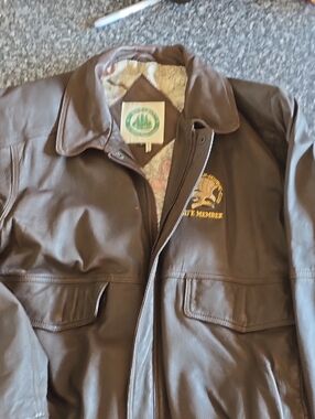 Men's Brown Burk's Bay Leather Bomber Jacket with Embroidered Crest